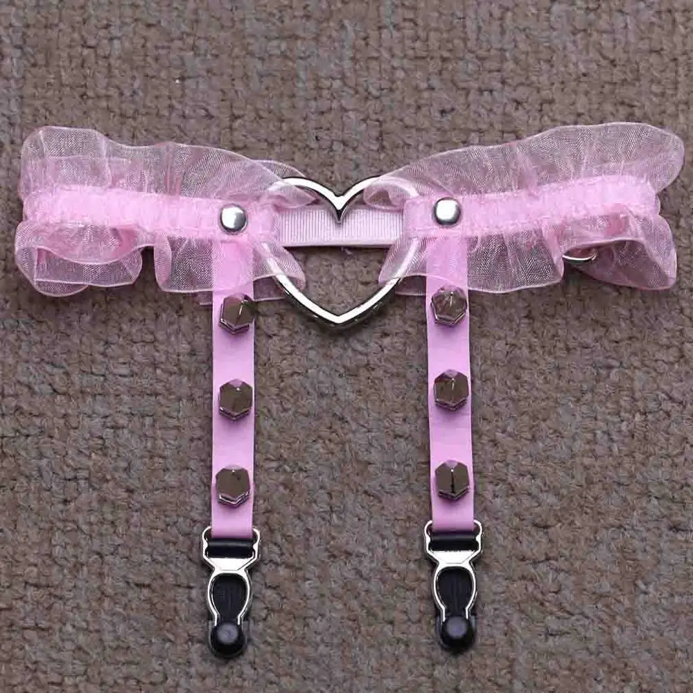 Свадебные Подвязки на ремне, кожаные подвязки, гофрированные заклепки, подвязка для ног, панк-рок, большие сердечки, шипы, ремни, кольцо - Цвет: hull buckle pink