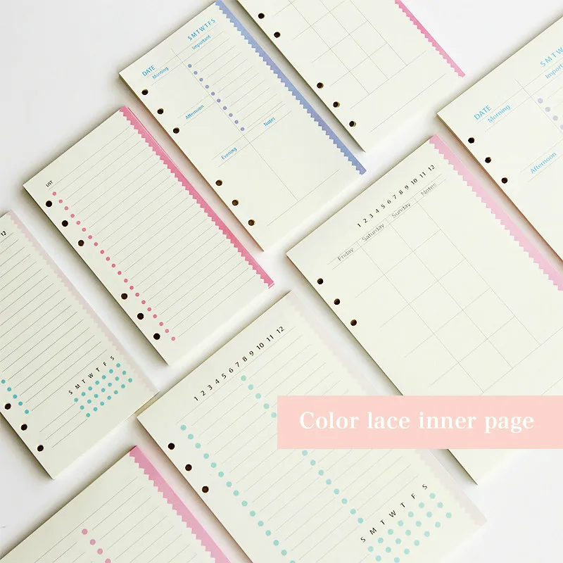 

Cute colored 6 holes spiral notebooks inner paper core ,A5 A6 refilling papers stationery:list,daily,weekly,monthly planner