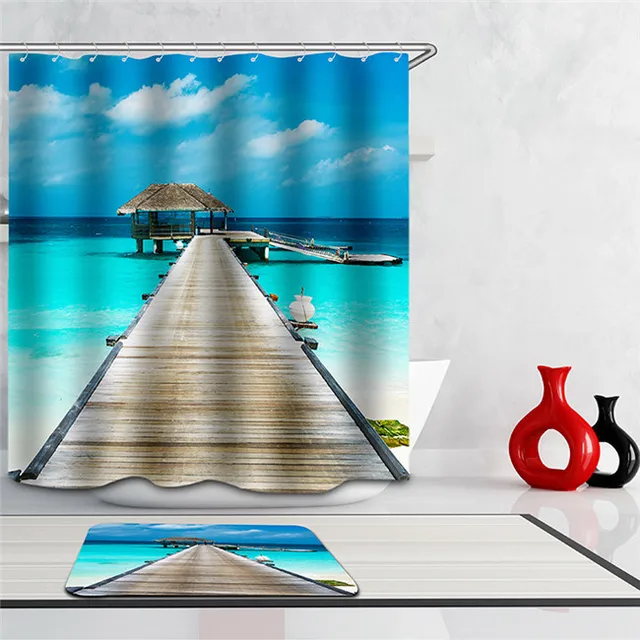 3d Douchegordijn Watervallen Landschap dolfijnen strand zee badkamer