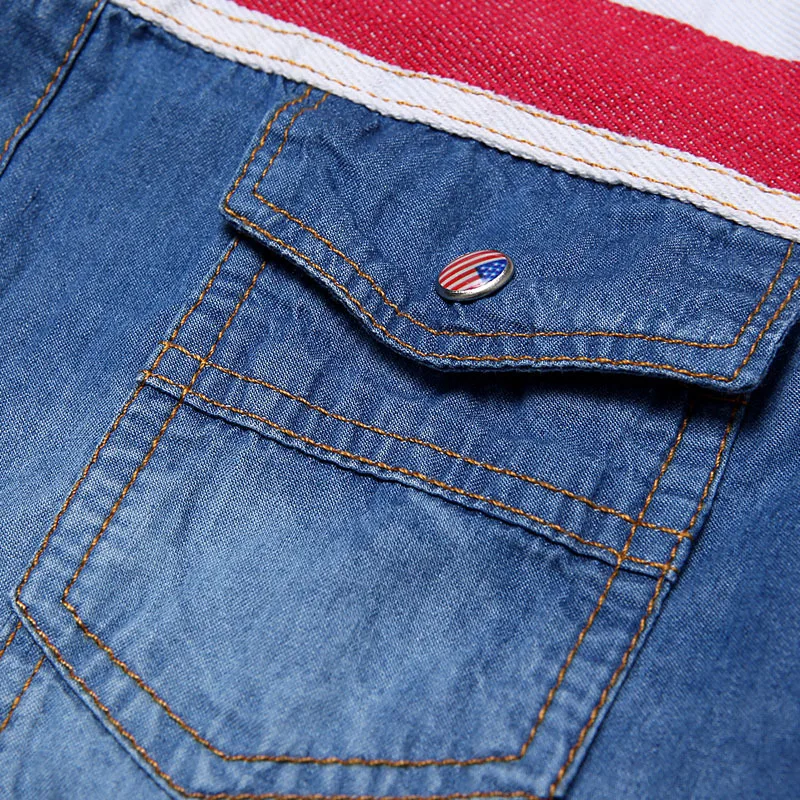 Новинка, винтажная Мужская модная джинсовая рубашка с американским флагом, светло-голубая джинсовая рубашка с коротким рукавом,, высокое качество