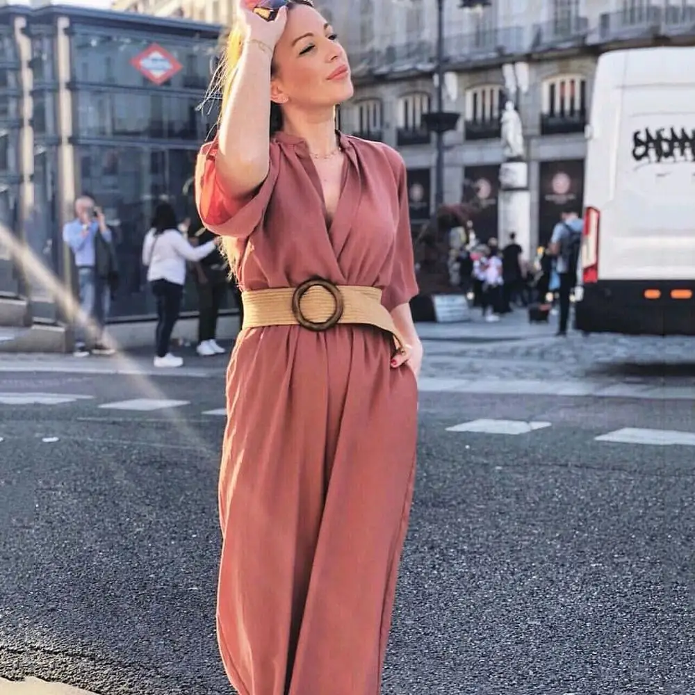 

Women elegant V neck short sleeve jumpsuits sashes decorate elastic waist pockets chic rompers female casual retro playsuits