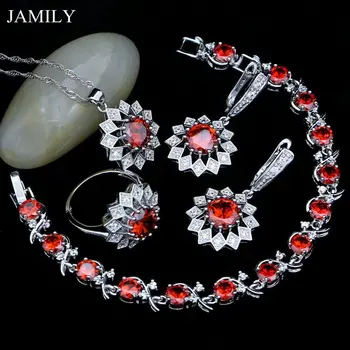 

Fashion 925 Silver Bridal Jewelry Sets For Women Red Cubic Zirconia Silver Bracelet/Dangle Earrings/Pendant/Ring/Necklace Set