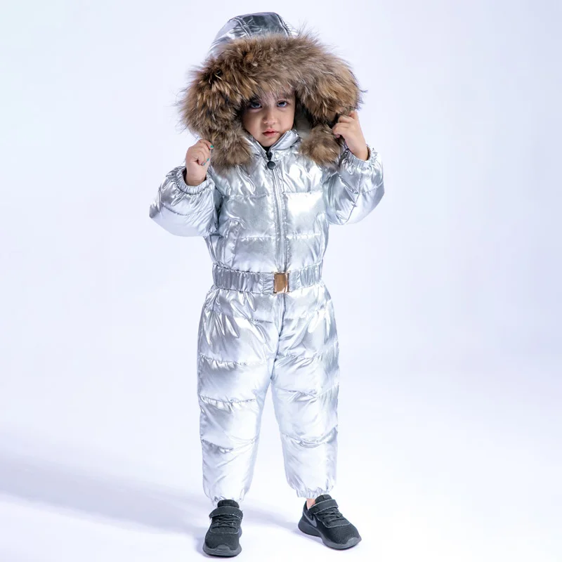 

2019 Boys Winter Overalls Duck Down Warm Baby Girls Jumpsuits Real Fur Hooded Children Onesies Clothes Kids Snowsuits