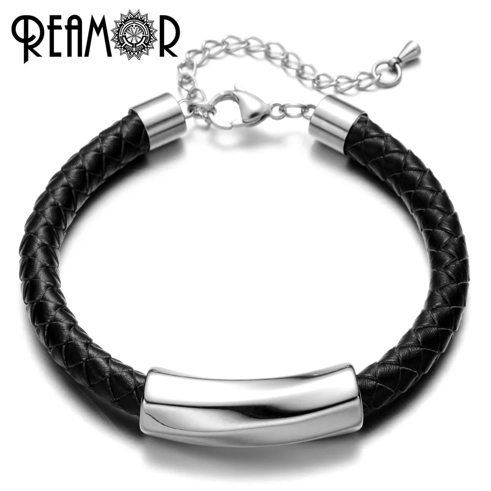 

REAMOR 316l Stainless Steel Polishing/Frosted Barrel Beads Genuine Leather Bracelets Men With Adjustable Chain Lobster Clasp