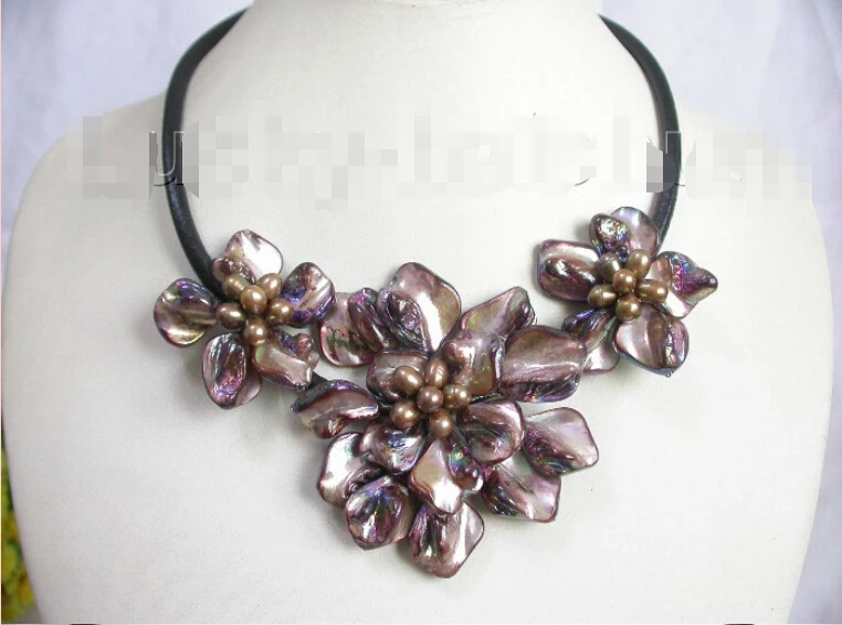

shipping Genuine 18" Baroque bloom brown pearl choker leather necklace j7414