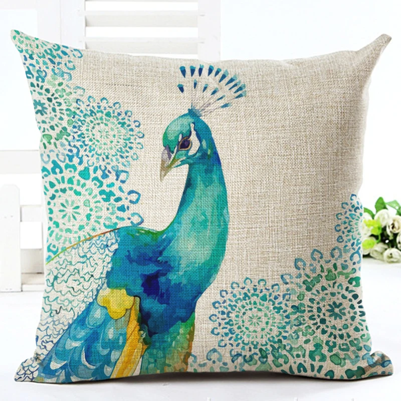 Cushion Cover Elegant Peacock Feathers Cotton Linen Cushion Covers