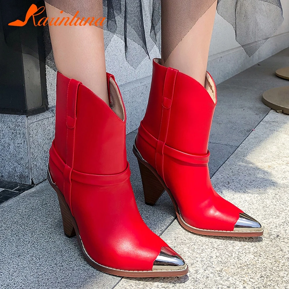 

KARINLUNA Women Ankle Boots New Genuine Cow Leather Boots Pointed Toe Strange High Heels Ladies Boots Woman Big Size 34-44