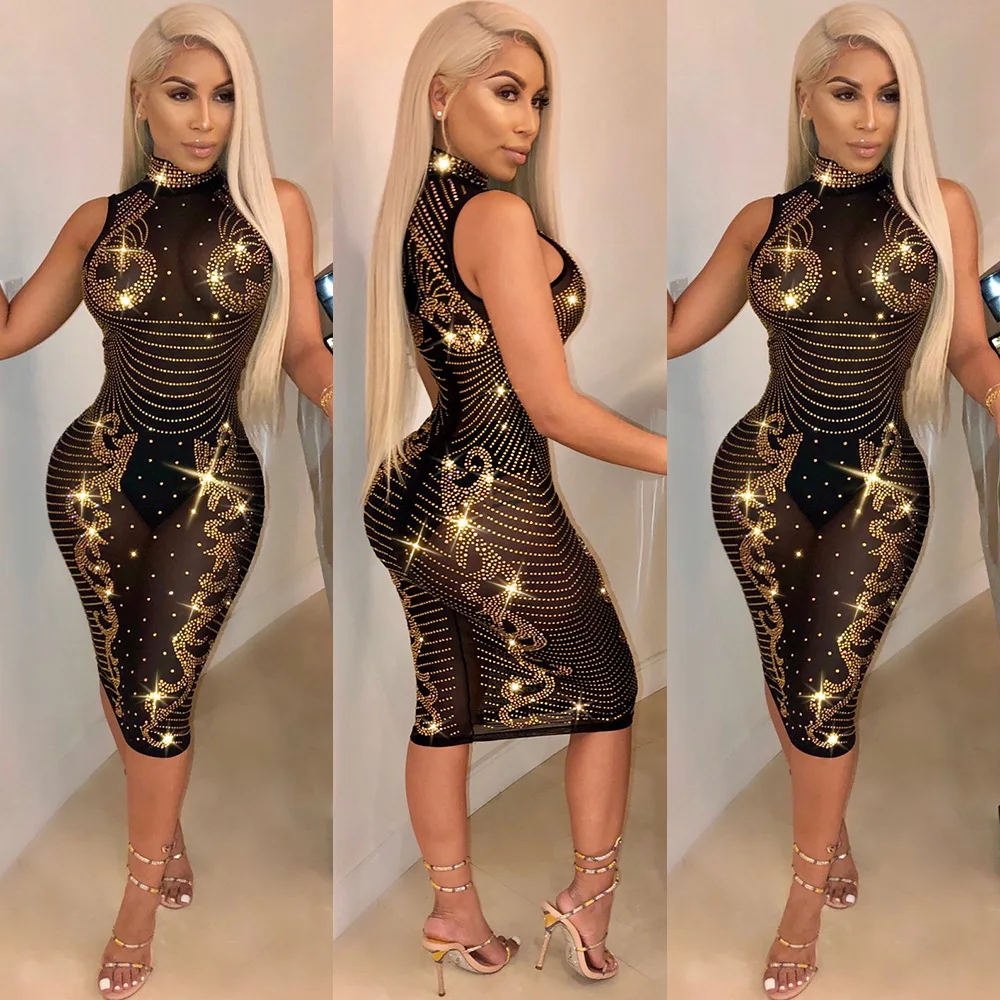 

Women Clothes 2019 Dress Sexy Perspective Slim Big Diamond Bright Diamond Zipper Bag Hip Nightclub Sequin Dress