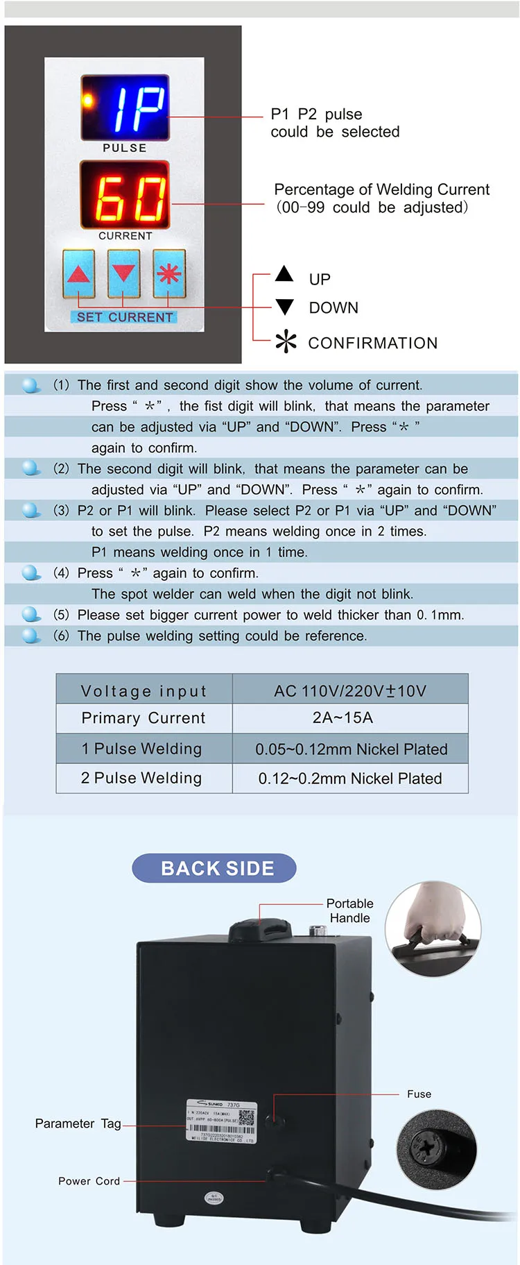 737G Battery Spot welder 1.5kw LED light Spot Welding Machine for 18650 battery pack welding precision pulse spot welders