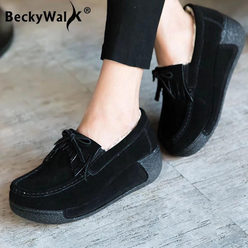 BeckyWalk/женские зимние теплые туфли из натуральной кожи на платформе с плюшевой