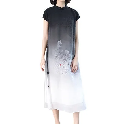 

Silk dress in the long section of silk cheongsam elegant large size 2019 spring and summer new style