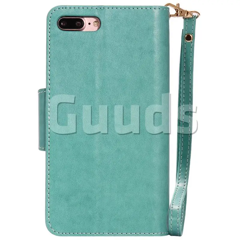 Embossing Cat Girl 9 Card Leather Wallet Case for iPhone 8 Plus / 7 Plus 7P(5.5 inch) - Green