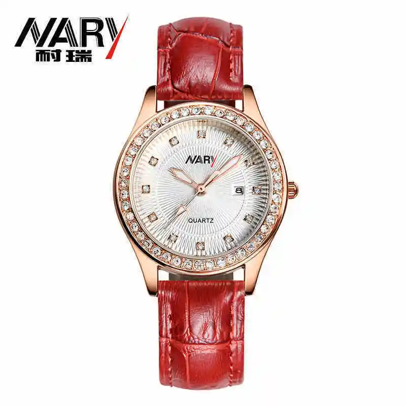 Fashion NARY Brand Women Watch Genuine Leather Strap Rhinestone Wristwatch Elegant Female Dress Quartz Watch relogio