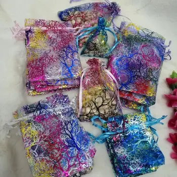 

100pcs 17x23Cm Organza Bags Jewelry Gift bags White/Pink/Blue Colorful Tree Of Life Drawstring Pouches Wedding Party Candy Bags