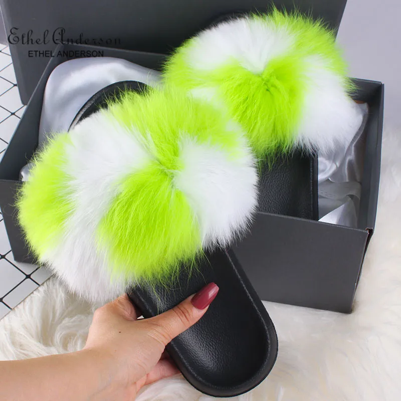 Top Selling Real Fur Slippers Slides Women Summer Plush Fox Flip Flops Holiday Fluffy Raccoon Fur Sandals Shoes - Цвет: Apple Green White