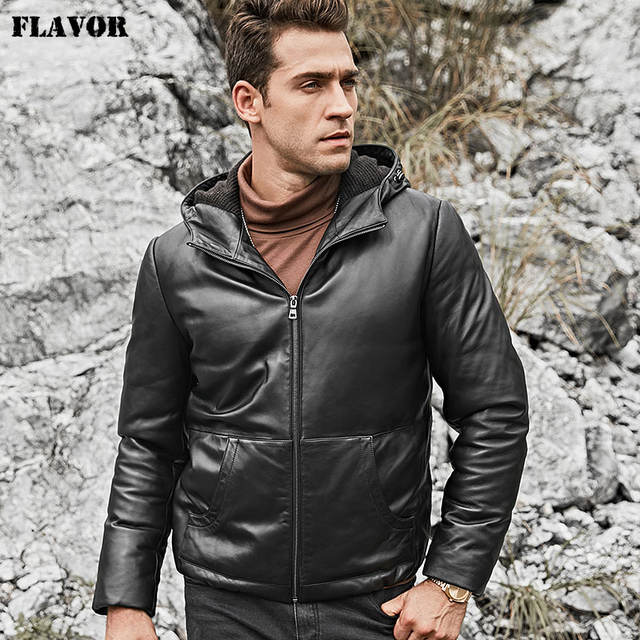 FLAVOR Men’s Real Leather Down Jacket Hoodie Men Genuine Lambskin ...