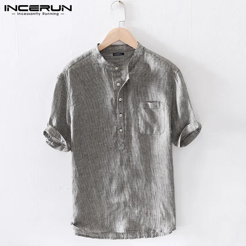 INCERUN/Мужская рубашка с воротником-стойкой,, в японском стиле, в полоску, с коротким рукавом, однотонная, повседневная, из хлопка, свободная, мягкая, Camisas