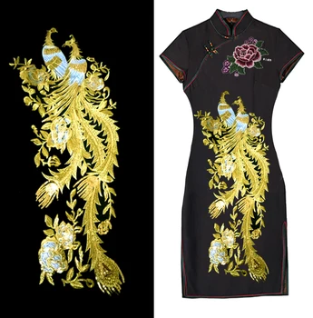 

high grade fashion iron on patches Embroidery Double Phoenix patches for clothing Gauze bottom patch