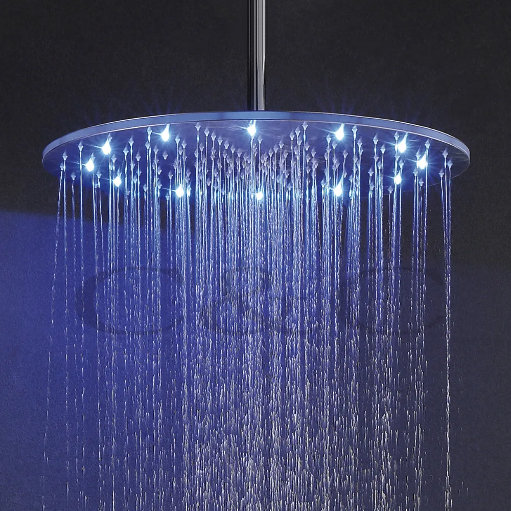Stainless Steel LED Rainfall Shower Head, 20 Inch Round 3 Colors Top