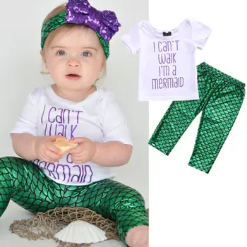 

Summer Newborn Kids Baby Girls Mermaid Costume Tops+Pants+Headband Set Outfits