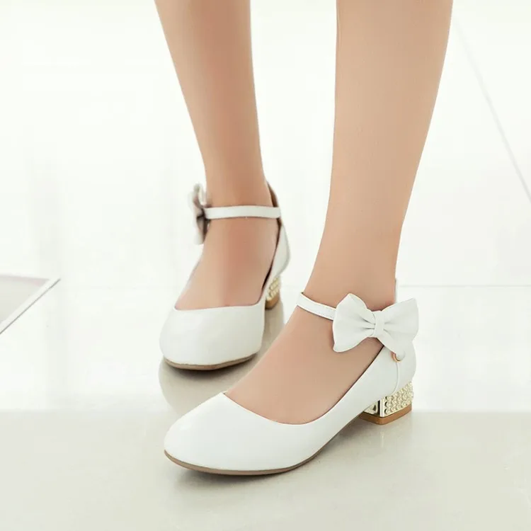 

Big Size 11 12 13 14 ladies high heels women shoes woman pumps Shallow-mouthed one-word buckle bow with thick heel crystal