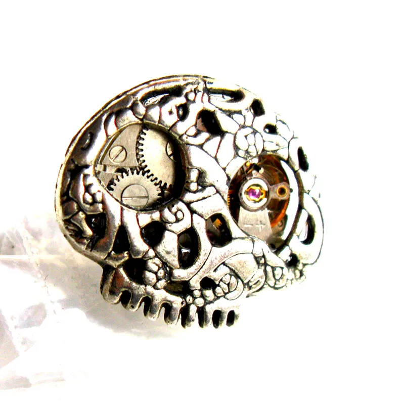 steampunk rock skull skeleton watch movements parts gears one finger ring men women girl boy jewelry christmas gift party trendy
