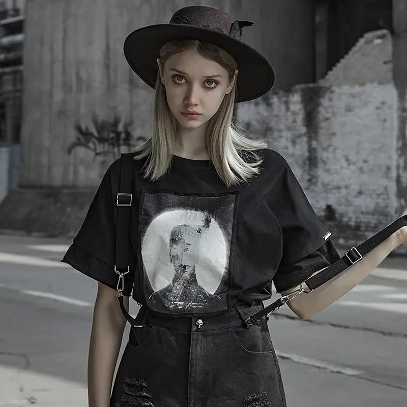

Punk Rave Women Gothic Punk Loose Printed Streetwear Hip Hop Personality T-shirt