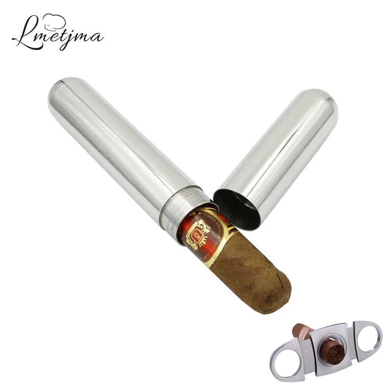 

LMETJMA Stainless Steel Travel Cigar Case With Cigar Cutter 16.5 cm Cigar Tube Case Cigarettes Holder Container Box KC0141