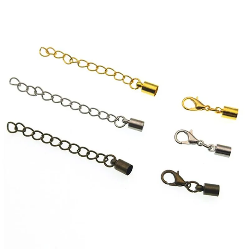

10set/lot 2-8mm Hole Round Leather Cord End Caps Clasps with Lobster Clasp Extender Chain for Bracelet Necklace DIY Jewelry