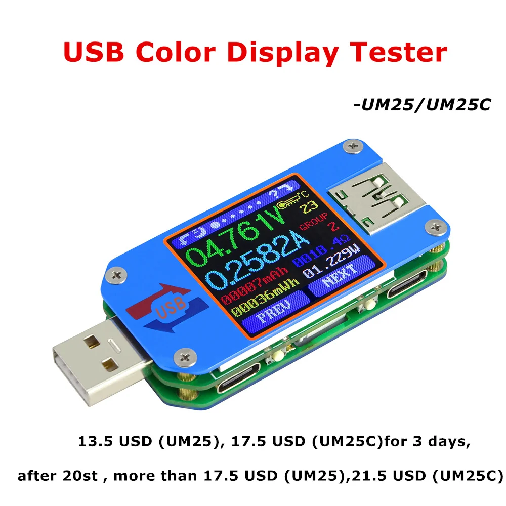 

UM25C UM25 USB 2.0 Type- C Color LCD Tester Voltage Vurrent Meter Voltmeter Ammeter Battery Charge Measure Cable Resistance