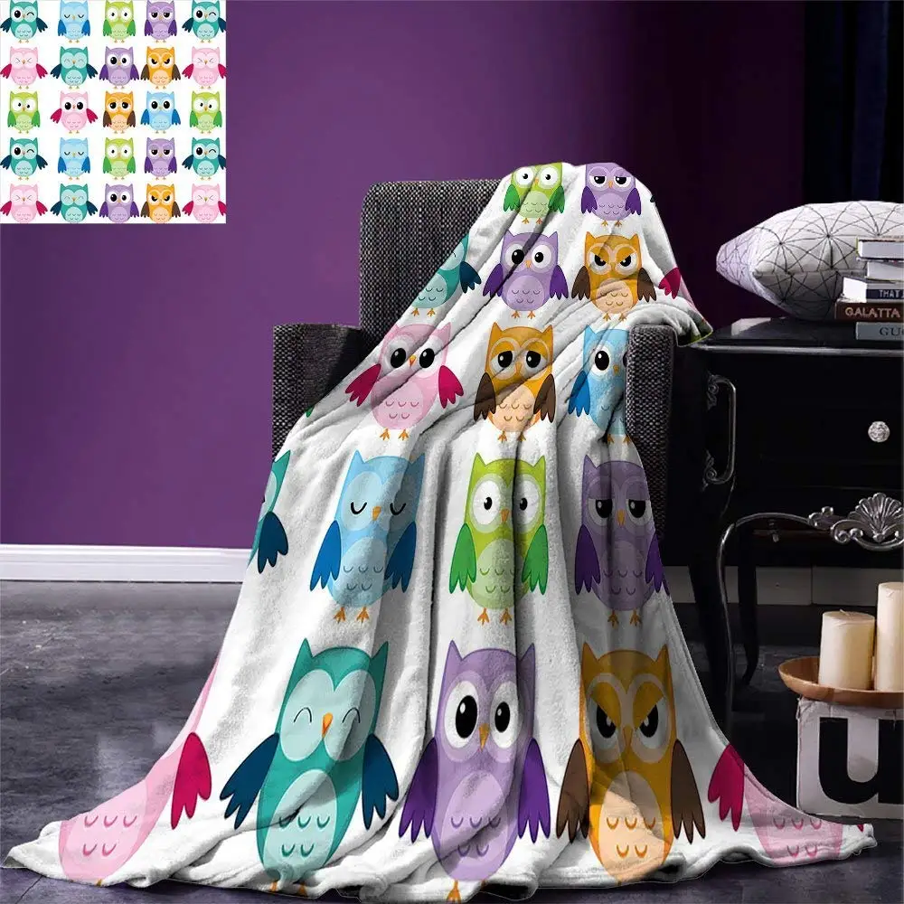 

Nursery Throw Blanket Colorful Collection Friendly Owl Birds with Different Face Expressions Comic Cute Fleece Blanket for Bed