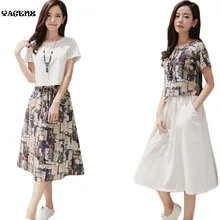 YAGENZ лето с принтом в ретро-стиле комплект из 2 частей женское платье свободного кроя из хлопка и льна с эластичной резинкой Пышная юбка, майка-топ, костюм из двух предметов, A95