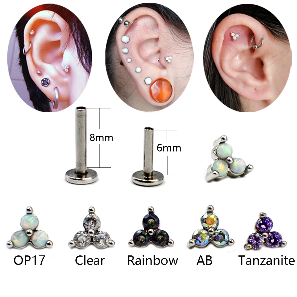 

1Pcs Surgical Steel&Titanium Opal Zircon Trios Threaded Labret Stud Lip Ring Ear Tragus Cartilage Earring Body Piercing Jewelry