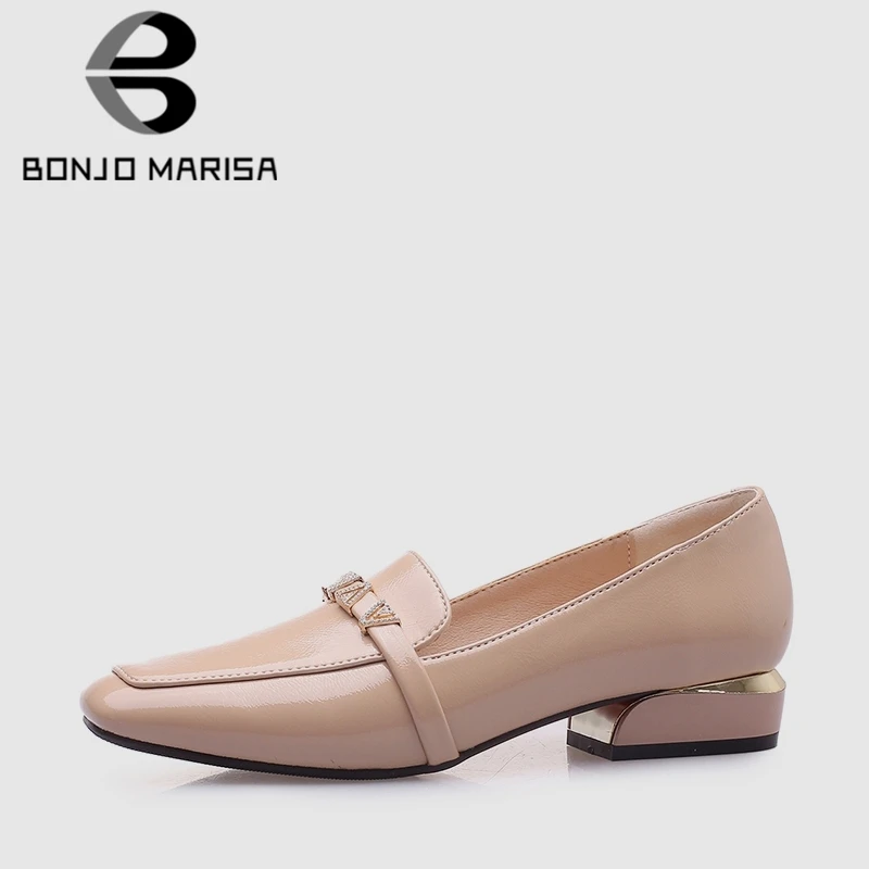 

BONJOMARISA 2019 Spring New Elegant Office Lady Work Pumps Large Size 33-43 Patent Pu Decorate Shoes Lady Low Heels Shoes Woman