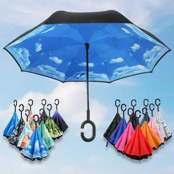 

1Pc Umbrella Blue Outdoor Practical Umbrella Reverse Umbrella Double C Shape Handle Solid Color Durable Umbrella New
