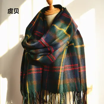 

Faux cashmere shawl winter green plaid scarf cape tassels warm pashmina unisex acrylic scarves christmas gifts for men or women