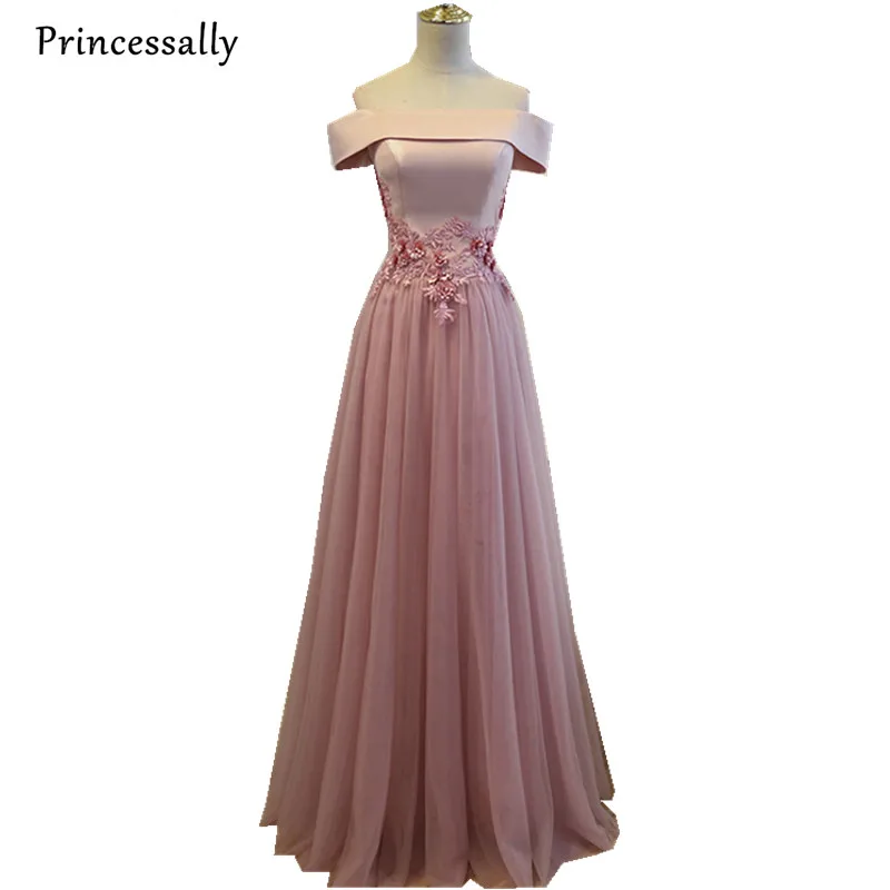 

2017 New Dusty Pink Evening Dress Floor Length Satin Boat Neck Appliques Flower Elegant Bride Prom Banquet Dress Robe De Soiree