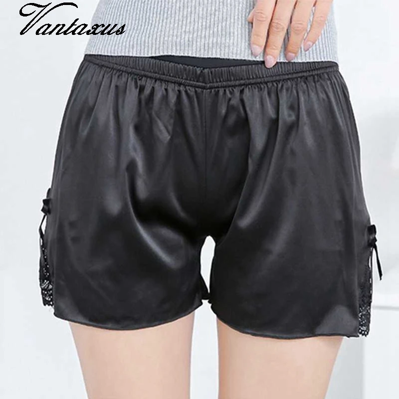 women summer ribbon bow and floral lace patchwork shorts imitation satin silk cool short pants plus size breathable mini capris