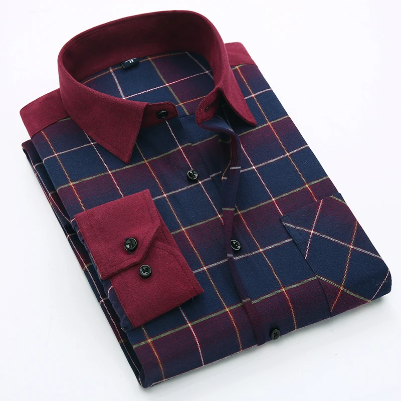 Autumn 2016 Men's Plaid Checked Brushed Flannel Shirt Classic Turn-down Collar Comfort Soft Casual Slim-fit Long Sleeve Shirts