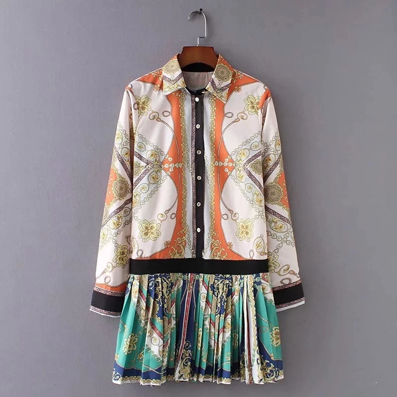 

women retro chains print patchwork pleated mini dress casual long sleeve dresses fashion streetwear autumn femme vestidos D2060