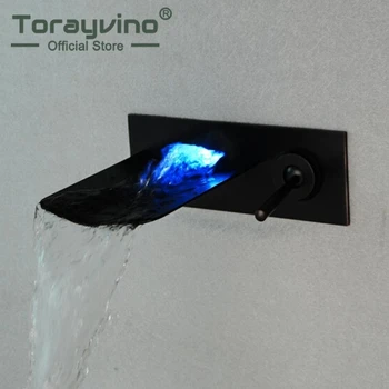 

Torayvino LED Bathroom Basin Brass Sink Waterfall Oil Rubbed Bronze Finish Mixer Tap Faucet Wall Mounted Bathroom Mixer Tap
