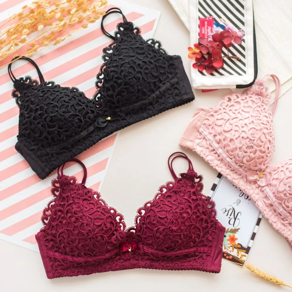 

Roseheart 2018 New Women Fashion Pink Red Sexy Lingerie Lace Jacquard Wireless Underwear Bow Cotton Panties Lovely Bra Sets