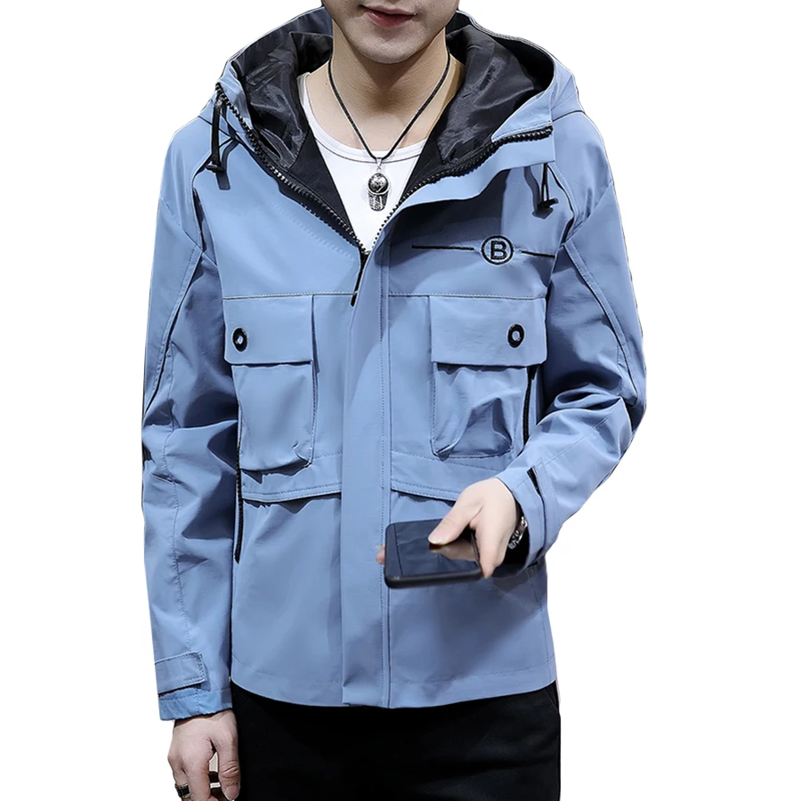 Buy Blue Cargo Jacket Men Windbreaker Hooded Streetwear Fashion Mens Jackets