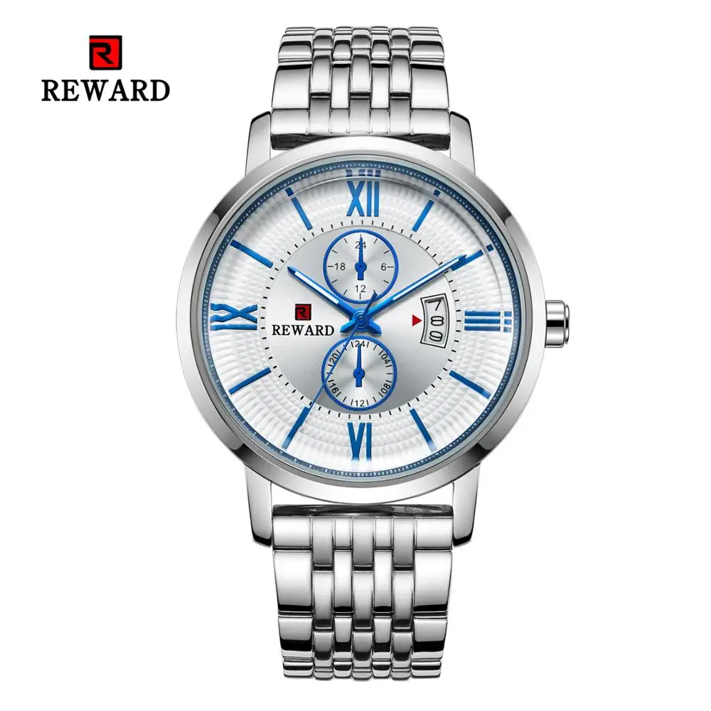 

REWARD Calendar Nightlight Waterproof Men Watches Japan Movement Automatic Quartz Male Wrist Watch Stainless Steel Strap Gifts