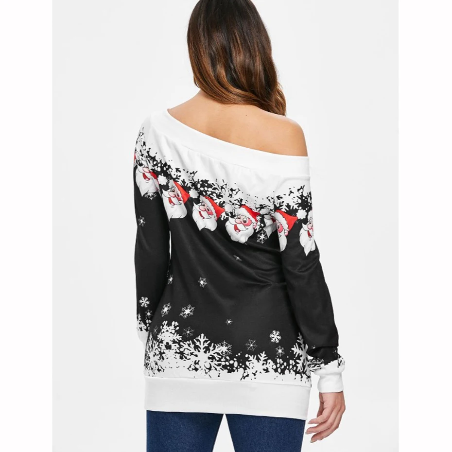 Christmas Sweatshirt Off Shoulder Top Buttons Clothing Womens 2019 New Year Dress Print Santa Cute Autumn Winter Women Pullover (3)