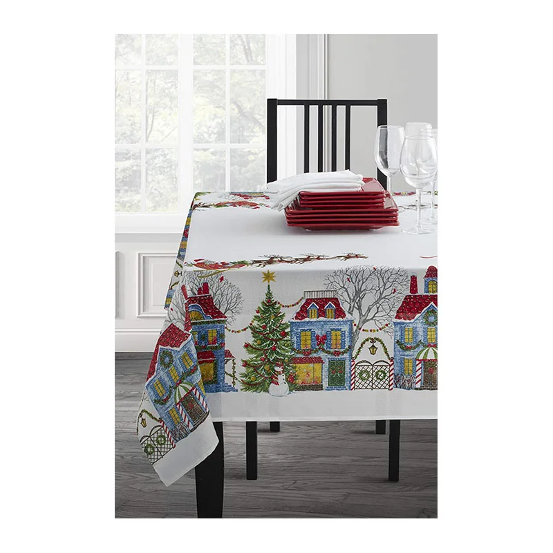 

YHYS Christmas Village Printed Ribbons Engineered Printed Fabric Tablecloth Christmas party decoration