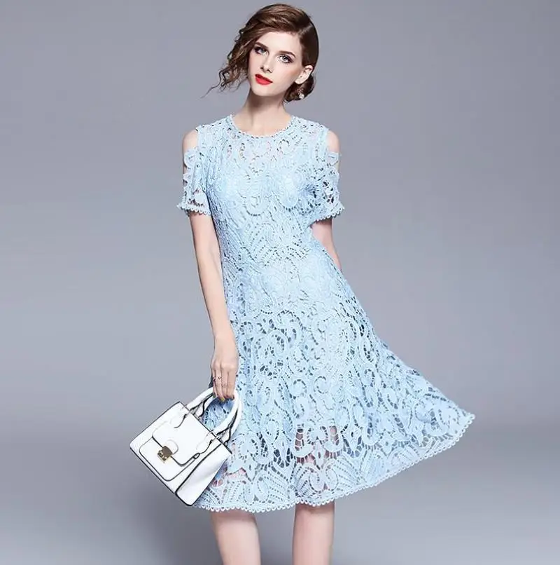 crochet hollow lace dresses zipper fashion strapless slash collar big swing sexy dress hot sale High Quality Elegant Party Dress