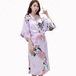Для женщин пикантные печати Павлин халат-кимоно платье светло-фиолетовый длинные невесты свадебное платье атласные пижамы плюс Размеры S-3XL