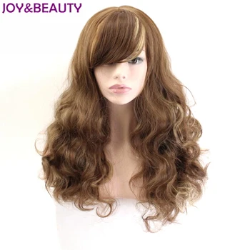 

JOY&BEAUTY Inclined Bang Long Wavy Wig High Temperature Fiber Brown Golden Mix Color Synthetic Hiar 24inches Women Wigs