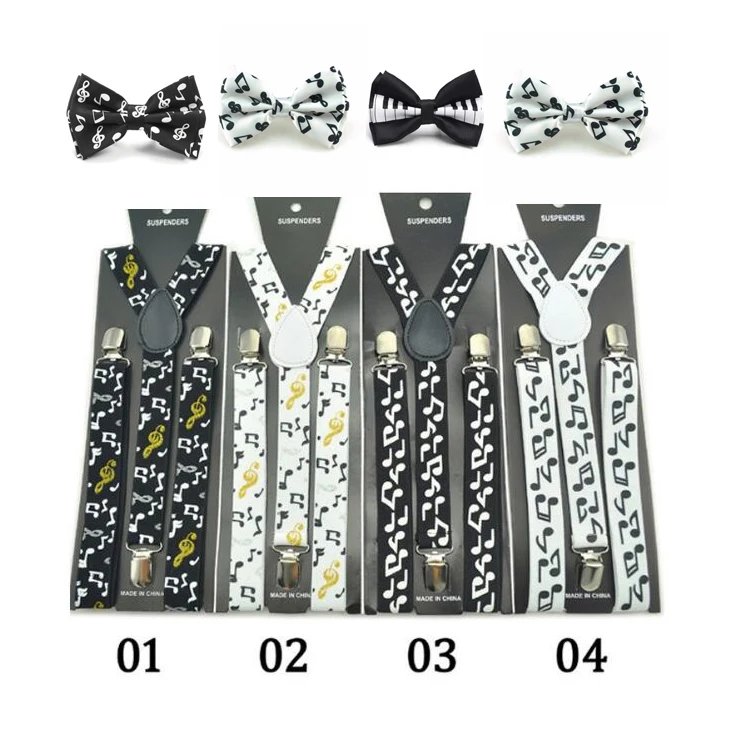 

Fashion Kids Men Unisex Suspender Set Office Casual Elastic Suspenders Music Piano Y-Shape Clip-on Braces with Bow Tie